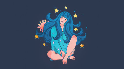 Digital illustration of a sleeping girl in pajamas with Moon in her long blue wavy hair. Young woman sits dreaming and stars around her. Hand drawn gentle illustration of woman on a dark background.