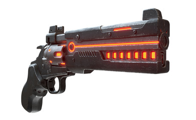 3d illustration of sci-fi futuristic weapon isolated on white background. Science fiction military laser gun. Concept design of high-tech cyberpunk luminous firearm with black color scratched metal