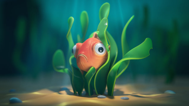 Goldfish hiding underwater in seaweed. Adventures of little funny fish with big eyes in the deep ocean. Underwater caustics in the sand. 3d illustration of the game location of the underwater world