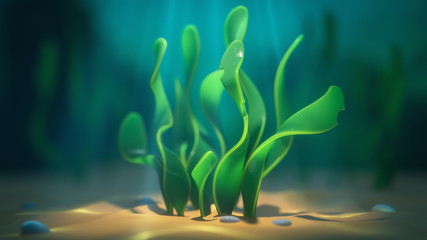 Underwater cartoon spirulina seaweed. Wide green leaves marine plants. Concept art of aquatic plant algae. Underwater caustics in the sand. 3d illustration of the game location of the underwater world © roman3d