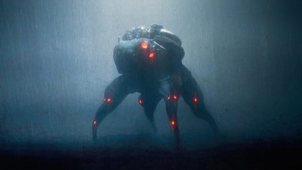 Digital illustration of cyberpunk scary monster spider standing in the night scene with rain. Silhouette of futuristic post apocalypse spider robot. Concept art science fiction creepy alien character. © roman3d