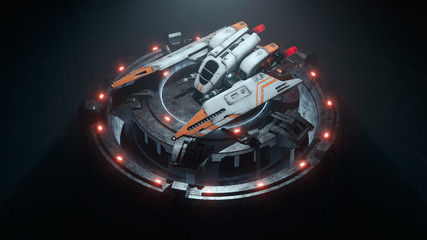 3d illustration of old scratched metal spaceship standing on an industrial lift illuminated by red lights in a sci-fi hangar. Night scene of a single pilot spaceship. Concept assault fighter, gunship. © roman3d