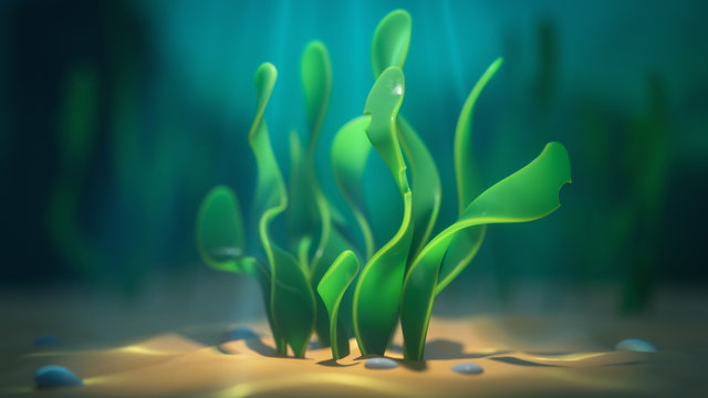 Underwater cartoon spirulina seaweed. Wide green leaves marine plants. Concept art of aquatic plant algae. Underwater caustics in the sand. 3d illustration of the game location of the underwater world