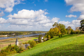 Scenic view of the Loire valley and river in autumn colors from the beautiful park surrounding Chaumont-sur-Loire castle France