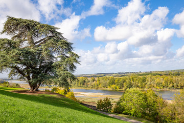 Scenic view of the Loire valley and river in autumn colors from the beautiful park surrounding Chaumont-sur-Loire castle France