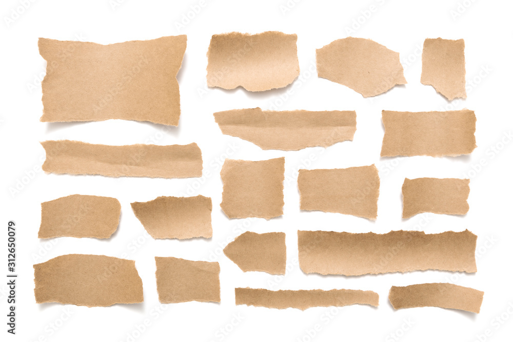 Wall mural collection real brown paper torn or ripped pieces of paper on white background