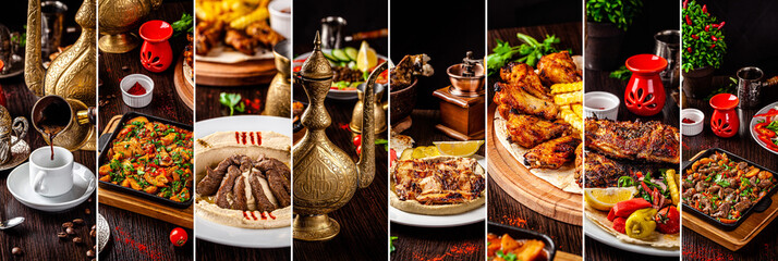 Set of photographs of Arabic and Oriental cuisine. Collage of coffee, hummus, meat. Background image. copy space