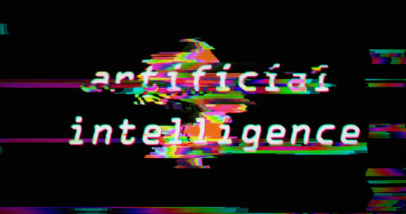 Modern glitch transition with artificial intelligence head text
