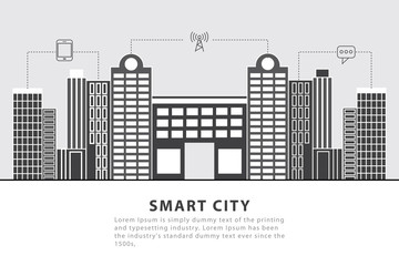 Smart city flat vector illustration. Modern urban area with digital buildings network. Cartoon skyscrapers, towers sending telecommunication, wifi signals