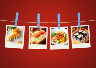 Four plastic clothespins and instant frame on rope