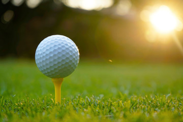 Golf ball on tee in beautiful golf course at sunset background.