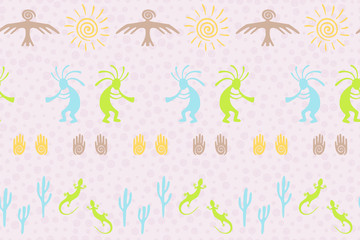 Obraz premium Mythical, design with lizard, Kokopelli fertility deity, sun, eagle, cacti.