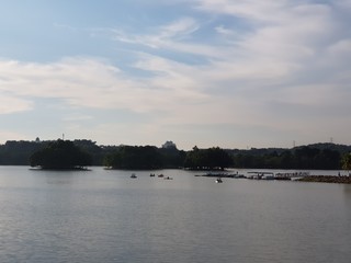 Silhouette of canoe paddlers in a lake during an evening