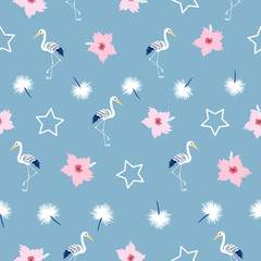 Seamless Vector Pattern Tropical with Storks, dandelions, stars and flowers for print, textile, fabric