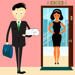 the young man and his boss. young specialist in front of the door of the chief. startup new business project. yong businessman with briefcase. business lady vector illustration.