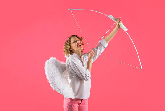 Valentines day cupid. Cupid angel with bow and arrow. Valentines Day concept. Arrow of love. Cupid in valentine day. Cupid shoot love arrow with bow for valentine day. Female angel with bow and arrow.