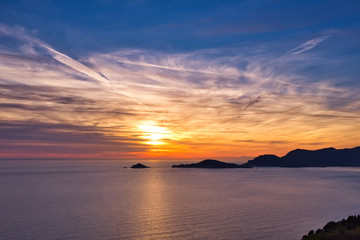 Sunset on the island of Tino in the Gulf of La Spezia Italy from Montemarcello
