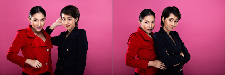 Collage Group pack Portrait of two Asian Business Woman wears red Formal proper Suit, has confident smart look, studio lighting Pink background isolated, Friends talk and smile to each other