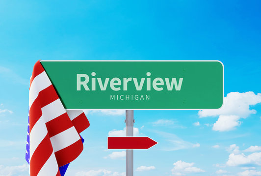 Riverview – Michigan. Road Or Town Sign. Flag Of The United States. Blue Sky. Red Arrow Shows The Direction In The City. 3d Rendering