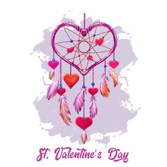 St. Valentine's day holiday greeting card with heart hanging with love symbols. Feathers and buds, pearls and accessories. Digital art illustration of postcard on February 14, gift or present.