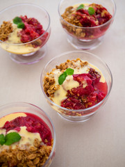 Fresh bright red plum crumble in the dessert bowl