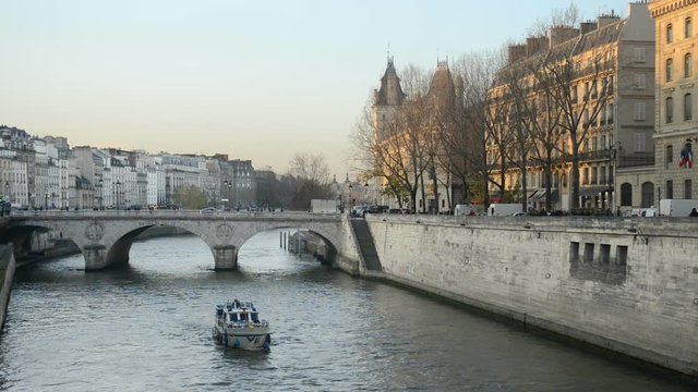 View towards Pont Saint-Michel with river Seine and buildings, Paris, France