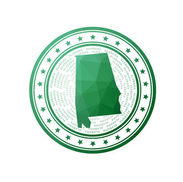 Flat low poly stamp of Alabama. Polygonal Alabama badge. Trendy vector logo of the us state.