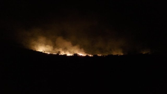 australian bushfire, fire is moving over a hill near Lake Argyle, Western Australia