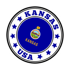 Kansas sign. Round us state logo with flag of Kansas. Vector illustration.
