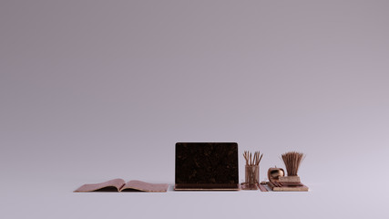 Bronze Contemporary Hot Desk Office Setup with Laptop Mobile Phone Notepads Pens Magazine Calculator an Bull clips 3d illustration 3d rendering