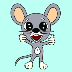 Obraz na płótnie Canvas emoticon with a happy cool mouse, you're awesome facial expression and thumbs up gesture, color vector emoji clip art on isolated background