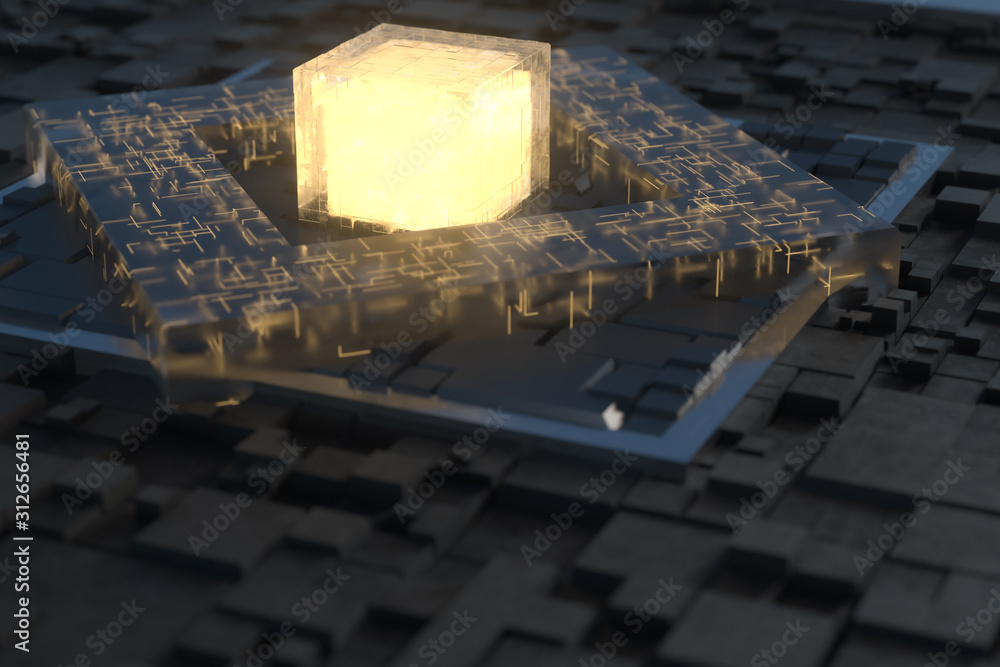 Poster luminous cube and circuits, black cubes, 3d rendering.
