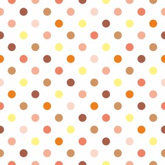 Seamless vector pattern, background or texture with colorful yellow, orange, pink, brown and beige polka dots on white background