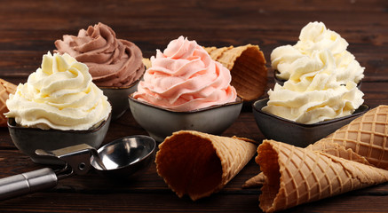 soft ice cream in flavor vanilla, chocolate and strawberry. Delicous creamy refreshing ice cream