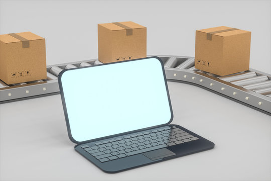 Boxes moving on the conveyor belt, laptop and conveyor belt ,3d rendering.
