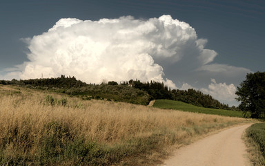 Cumulus clouds building over the Tuscan landscape