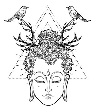 Buddha head with horns and birds. Esoteric vintage vector illustration. Indian, Buddhism, spiritual art. Hippie tattoo, spirituality, Thai god, yoga zen Coloring book pages for adults.