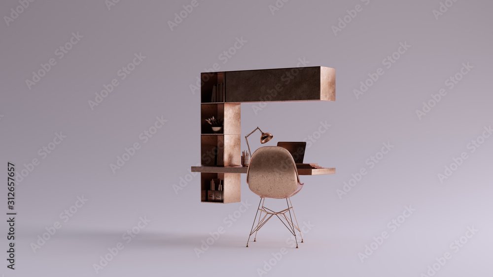 Poster bronze simple home office setup with floating desk 3d illustration 3d rendering