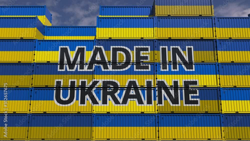 Poster many containers with made in ukraine text and national flags. ukrainian import or export related 3d 