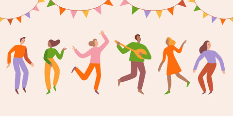 Vector illustration in flat simple style - happy jumping team - smiling men and women dancing - victory, teamwork and cooperation concept - happy and joyful people