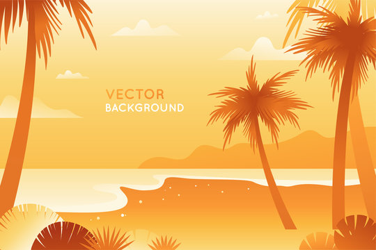 Vector illustration in trendy flat and linear style - background with copy space for text - plants, leaves, palm trees and sky - beach landscape