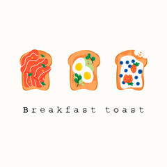 Tasty breakfast toast. Healthy food concept. Various three toasts. Steamed eggs, salmon, sweet berries, butter, jam, Hand drawn Colored Vector illustration. 