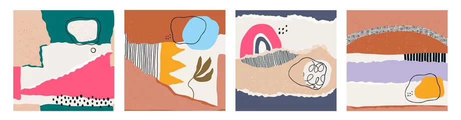 Handgezeichnete verschiedene Formen und Doodle-Objekte. Abstrakte zeitgenössische moderne trendige Vektorgrafiken. Satz von vier nahtlosen Mustern. Perfekt für Textildrucke. Alle Muster sind isoliert © Dariia