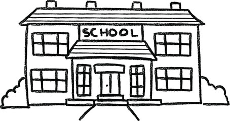 school building cartoon hand drawn crayon texture illustration