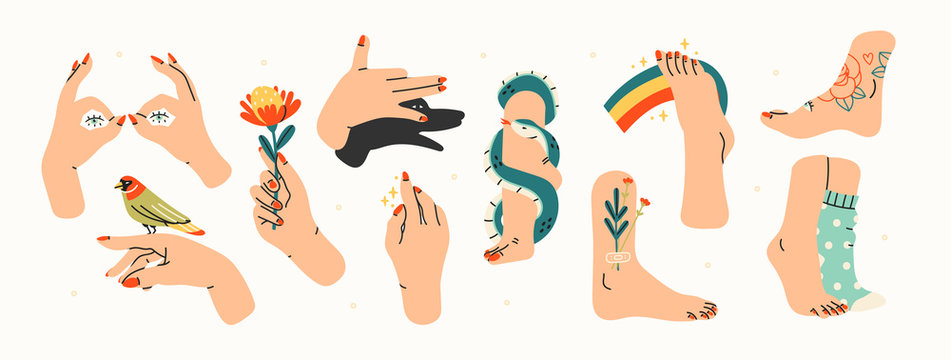 Female Hands. Hands With Bird And Flower. Shadow Puppet Barking Dog. Female Legs And Feet. Side View. Snake Wrapped Around Neck. Flowers, Rainbow, Tattoos, Socks. Hand Drawn Big Vector Set