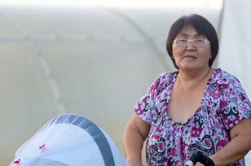 Tired elderly woman Yakut carries a stroller with a child on the background of greenhouses.