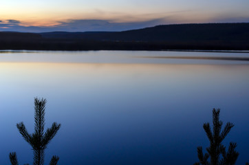 The tops of two young coniferous spruce trees stand against the calm water of the Northern Viluy river at night against the blue sky and reflection.