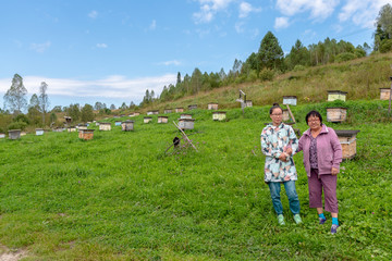 Fototapeta na wymiar An Asian Yakut family an elderly mother and a young daughter pose hand in hand against the background of hives for bees in an apiary in the Altai mountains.