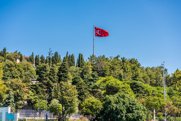 Beautiful Turkish national flag and green forest in summer at the costline and hillslope at Bosphorus Strait in Istanbul,Turkey. View from a Cruise Ship.
