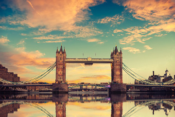 Tower Bridge in London. Sunset with beautiful clouds. Uk. Concept World Famous Place